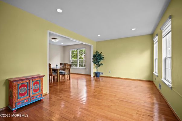 Dining room, Empty room, Interior, Recessed Lighting, Wood Texture Flooring