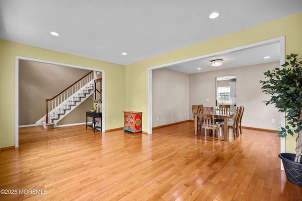 Dining room, Interior, Recessed Lighting, Wood Texture Flooring