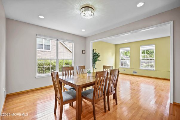 Dining room, Interior, Recessed Lighting, Wood Texture Flooring