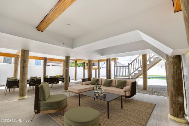 Dining room, Interior, Living room, Recessed Lighting, Wooden Beams
