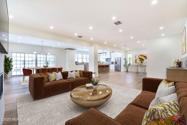 Dining room, Interior, Kitchen, Living room, Pendant Lights, Recessed Lighting, Wood Texture Flooring