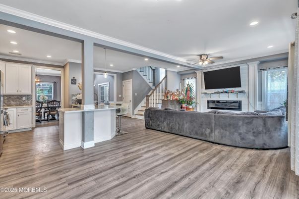Dining room, Fireplace, Interior, Kitchen, Living room, Pendant Lights, Recessed Lighting, Wood Texture Flooring