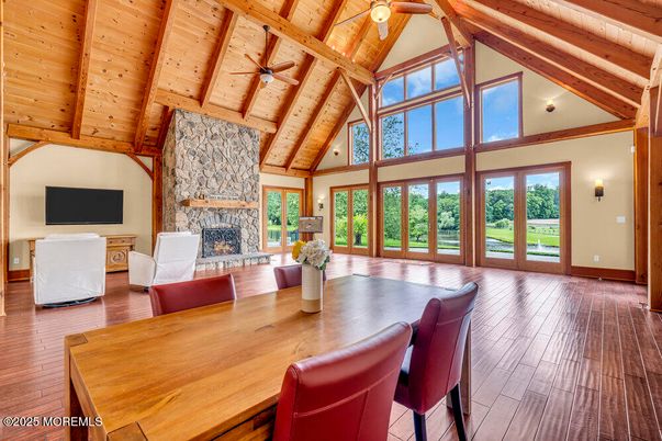 Dining room, Fireplace, Interior, Living room, Wooden Beams, Wooden Ceilings, Wood Texture Flooring