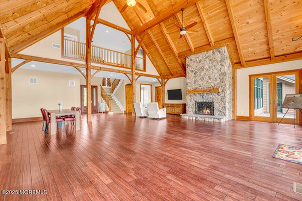 Dining room, Fireplace, Interior, Recessed Lighting, Wooden Beams, Wooden Ceilings, Wood Texture Flooring