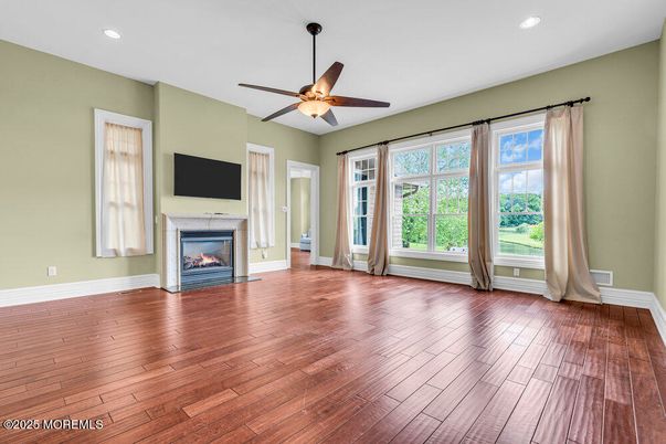 Empty room, Fireplace, Interior, Recessed Lighting, Wood Texture Flooring