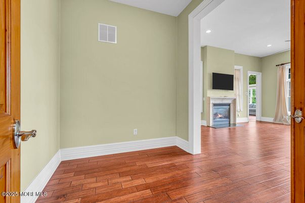 Empty room, Fireplace, Interior, Recessed Lighting, Wood Texture Flooring
