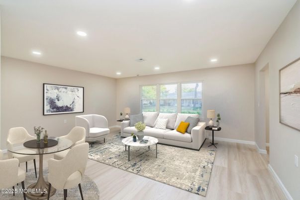 Dining room, Interior, Living room, Recessed Lighting, Wood Texture Flooring