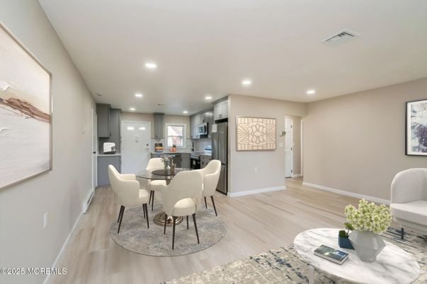 Dining room, Interior, Kitchen, Recessed Lighting, Wood Texture Flooring