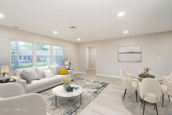 Dining room, Interior, Living room, Recessed Lighting, Wood Texture Flooring