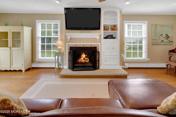 Fireplace, Interior, Recessed Lighting, Wood Texture Flooring