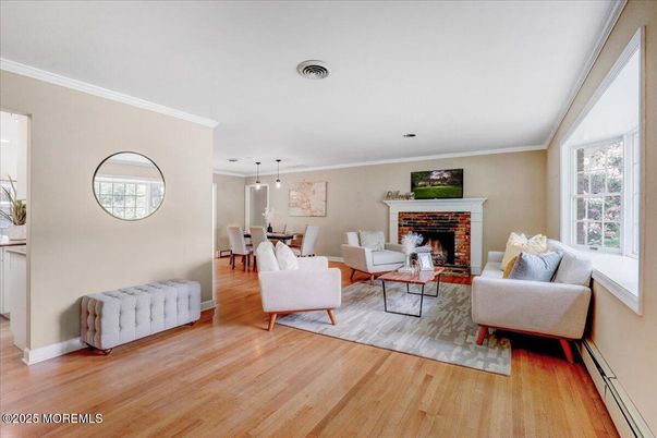 Dining room, Fireplace, Interior, Living room, Pendant Lights, Wood Texture Flooring