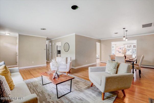 Dining room, Interior, Living room, Pendant Lights, Wood Texture Flooring