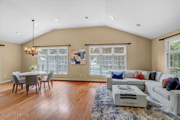 Chandelier, Dining room, Interior, Living room, Recessed Lighting, Wood Texture Flooring