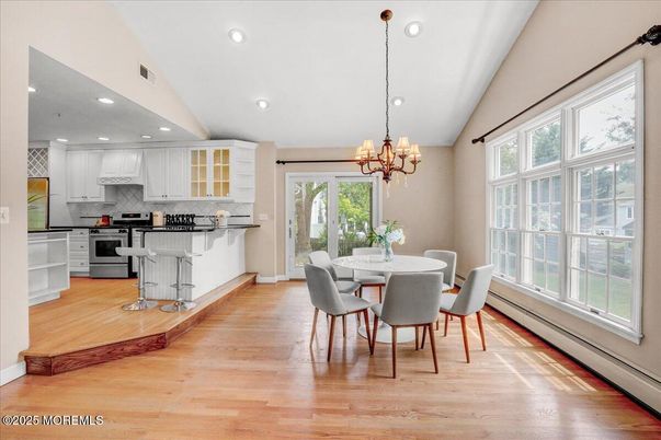 Chandelier, Dining room, Interior, Kitchen, Recessed Lighting, Wood Texture Flooring