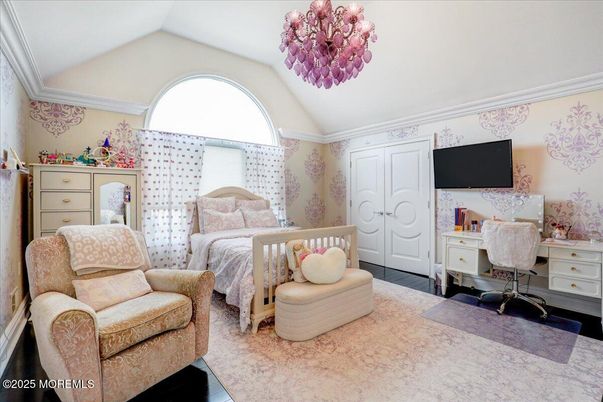 Bedroom, Chandelier, Home Office, Interior, Wood Texture Flooring