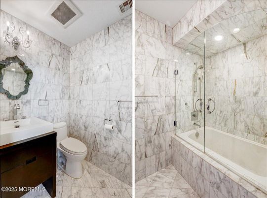 Bathroom, Glass Shower, Interior, Marble, Marble Walls, Recessed Lighting
