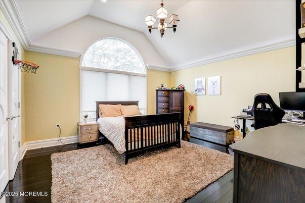 Bedroom, Chandelier, Interior, Recessed Lighting, Wood Texture Flooring