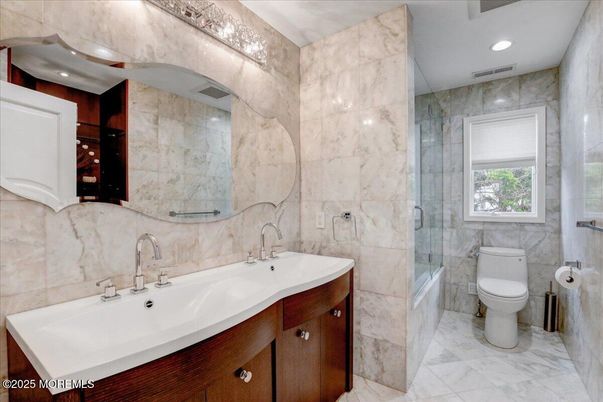 Bathroom, Glass Shower, Interior, Marble, Marble Walls, Recessed Lighting