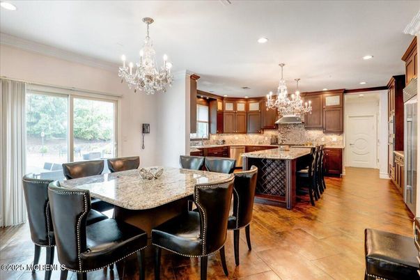 Chandelier, Dining room, Interior, Kitchen, Recessed Lighting, Wood Texture Flooring