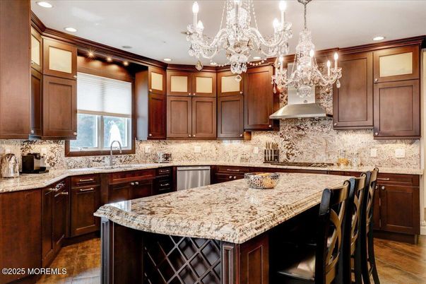 Chandelier, Interior, Kitchen, Recessed Lighting, Stainless Steel Appliances, Wood Texture Flooring