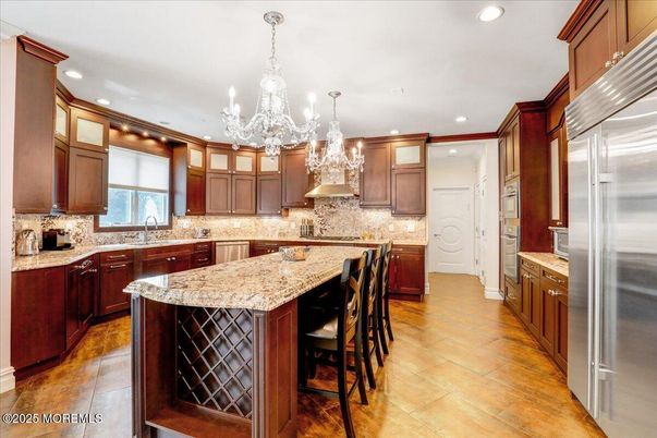 Chandelier, Interior, Kitchen, Recessed Lighting, Stainless Steel Appliances, Wood Texture Flooring