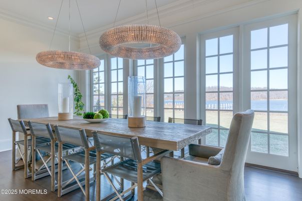 Chandelier, Dining room, Interior, Pendant Lights, Recessed Lighting, Wood Texture Flooring