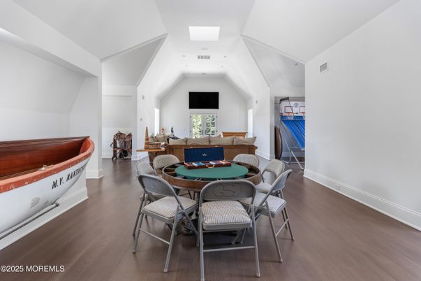 Dining room, Game Room, Interior, Living room, Recessed Lighting, Wood Texture Flooring