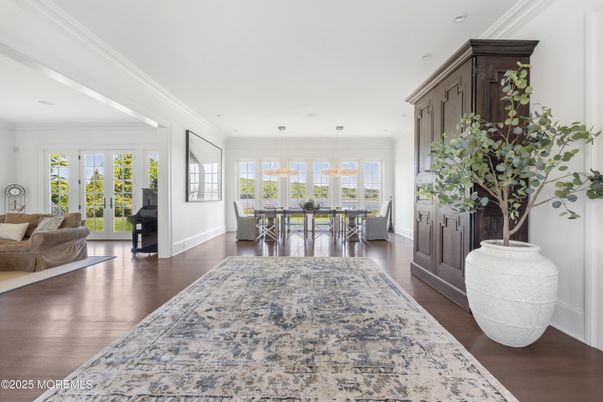 Dining room, Interior, Pendant Lights, Recessed Lighting, Wood Texture Flooring