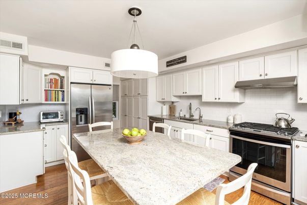 Interior, Kitchen, Pendant Lights, Stainless Steel Appliances, Wood Texture Flooring
