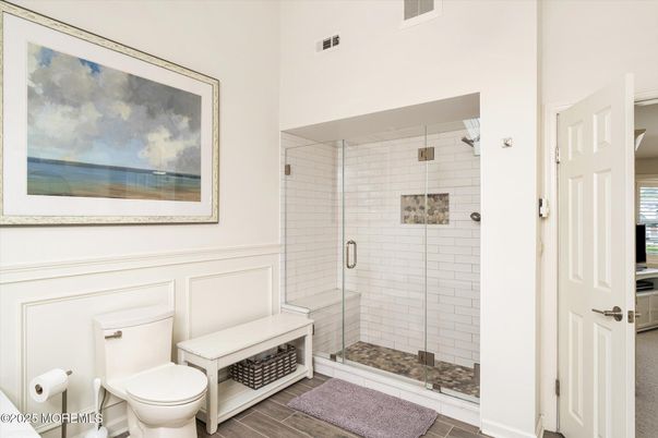 Bathroom, Glass Shower, Interior, Wood Texture Flooring