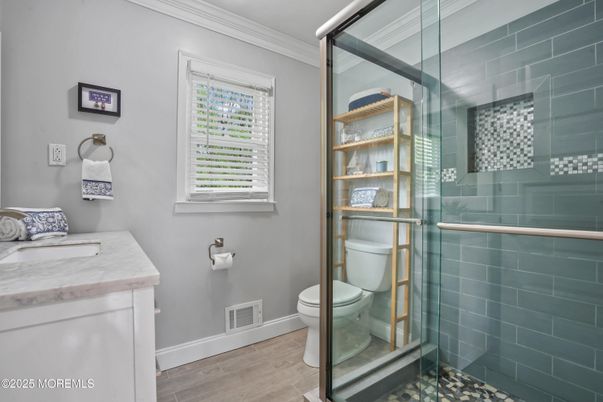 Bathroom, Glass Shower, Interior, Wood Texture Flooring