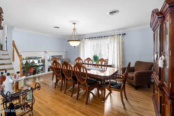Dining room, Interior, Pendant Lights, Wood Texture Flooring