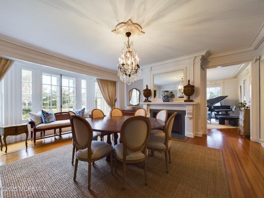 Chandelier, Dining room, Fireplace, Interior, Piano, Wood Texture Flooring