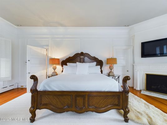 Bedroom, Fireplace, Interior, Wood Texture Flooring