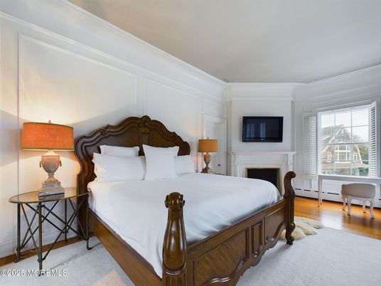 Bedroom, Fireplace, Interior, Wood Texture Flooring