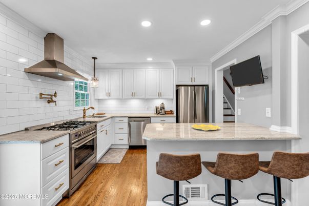 Interior, Kitchen, Recessed Lighting, Stainless Steel Appliances, Wood Texture Flooring