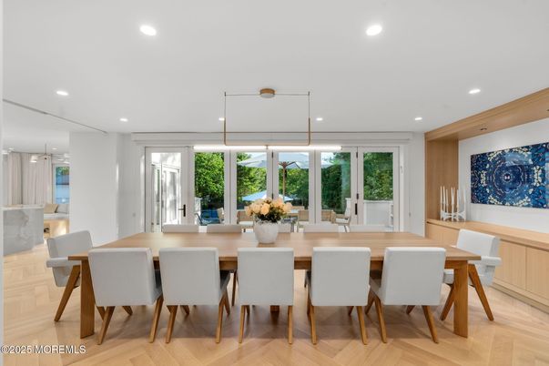 Dining room, Interior, Pendant Lights, Recessed Lighting, Wood Texture Flooring