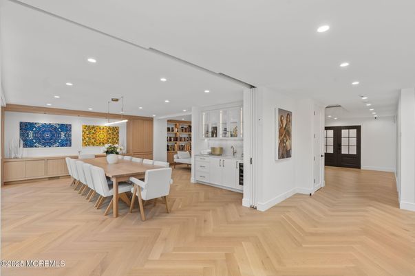 Dining room, Interior, Pendant Lights, Recessed Lighting, Wood Texture Flooring