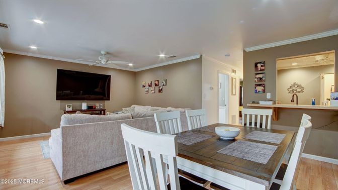 Dining room, Interior, Living room, Recessed Lighting, Wood Texture Flooring