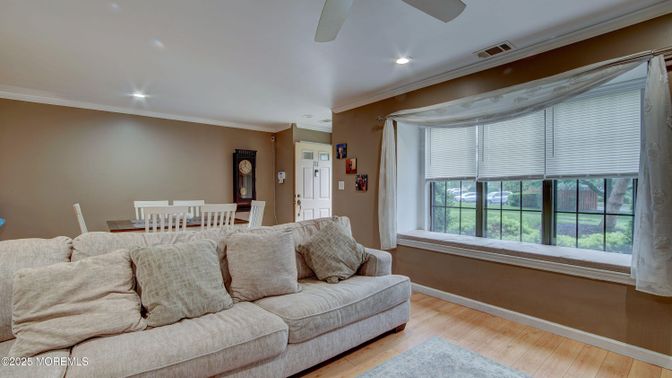 Dining room, Interior, Living room, Recessed Lighting, Wood Texture Flooring