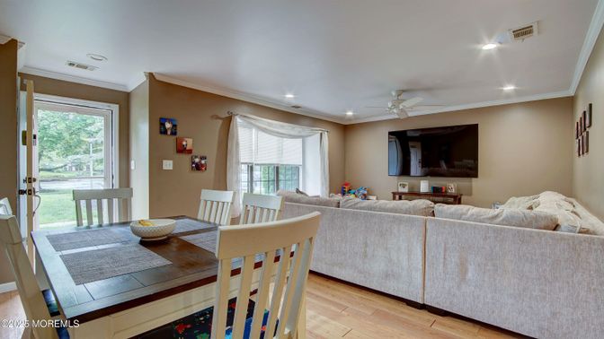 Dining room, Interior, Living room, Recessed Lighting, Wood Texture Flooring