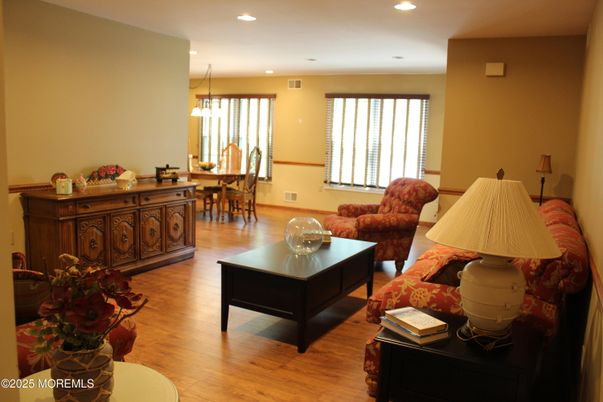 Dining room, Interior, Living room, Pendant Lights, Recessed Lighting, Wood Texture Flooring