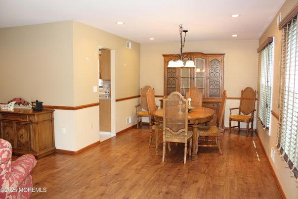 Dining room, Interior, Pendant Lights, Recessed Lighting, Wood Texture Flooring