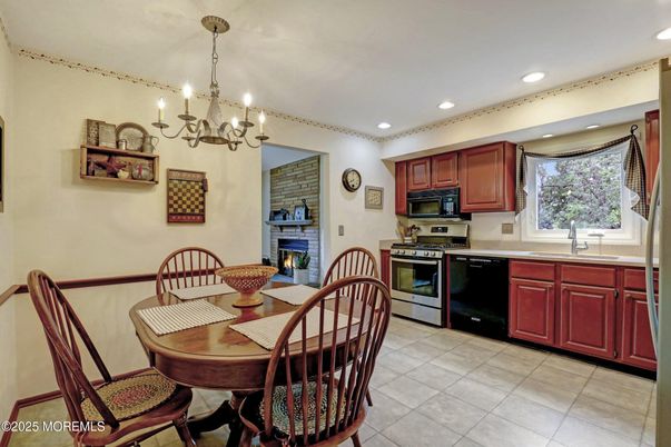 Chandelier, Dining room, Fireplace, Interior, Kitchen, Recessed Lighting