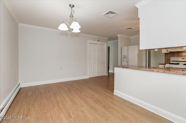 Empty room, Interior, Kitchen, Pendant Lights, Wood Texture Flooring