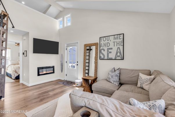 Fireplace, Interior, Living room, Recessed Lighting, Wood Texture Flooring