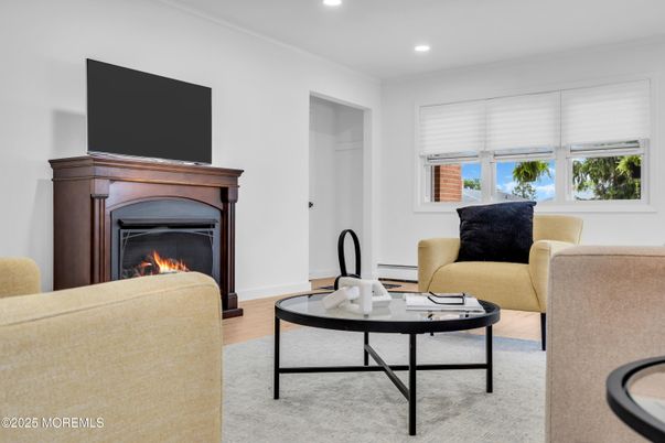 Fireplace, Interior, Living room, Recessed Lighting, Wood Texture Flooring