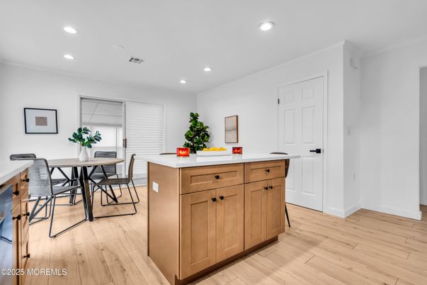 Dining room, Interior, Recessed Lighting, Wood Texture Flooring