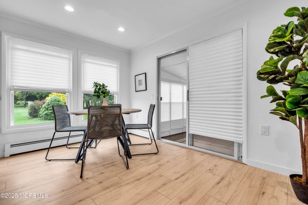 Dining room, Interior, Recessed Lighting, Wood Texture Flooring