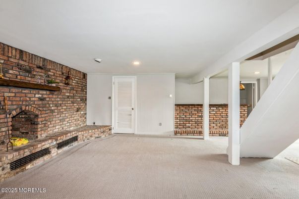Empty room, Fireplace, Interior, Recessed Lighting, Stone Walls